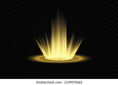 Blue hologram portal. Magic fantasy portal. Magic circle teleport podium with hologram effect. Vector blue glow rays with sparks on transparent background
