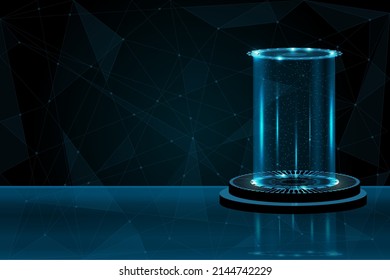 Blue hologram portal. Magic fantasy portal. Magic circle teleport podium with hologram effect. Vector blue glow rays with sparks on transparent background. Sci-fi concept vector illustration. 