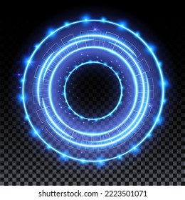 Blue hologram portal. Magic fantasy portal. Magic circle with halo effect. Vector blue glow scifi teleport with sparks and hologram, technology background.