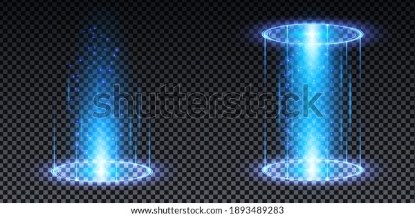 Blue hologram portal. Magic
fantasy portal. Magic circle teleport podium with hologram effect.
Vector blue glow rays with sparks on transparent
background