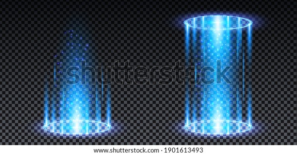 Blue hologram portal. Magic\
fantasy portal. Magic circle teleport podium with hologram effect.\
Vector blue glow rays with sparks on transparent\
background