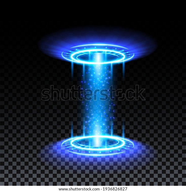 Blue hologram portal. Magic\
fantasy portal. Magic circle teleport podium with hologram effect.\
Vector blue glow rays with sparks on transparent\
background.