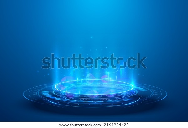 Blue hologram portal. Magic fantasy portal. 
Magic circle teleport podium with hologram effect. Abstract high
tech futuristic technology design. Round shape. Circle Sci-fi
element light and lights.