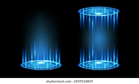 Blue Hologram Portal: A Mesmerizing Glowing Neon Blue Magic Podium with Holographic Effects, Teleportation Podium, and Vector Blue Glow Rays on Transparent Background