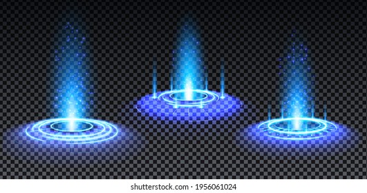 Blue hologram portal set. Magic fantasy portal. Magic circle teleport podium with hologram effect. Vector blue glow rays with sparks on transparent background