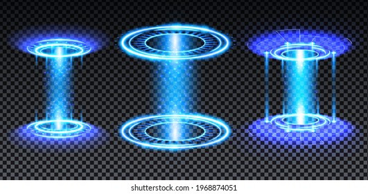 Blue hologram portal set. Magic fantasy portal. Magic circle teleport podium with hologram effect. Vector blue glow rays with sparks on transparent background