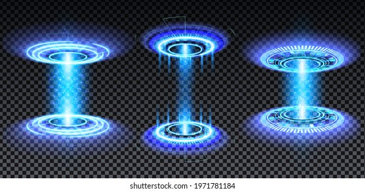 Blue hologram portal set. Magic fantasy portal. Magic circle teleport podium with hologram effect. Vector blue glow rays with sparks on transparent background