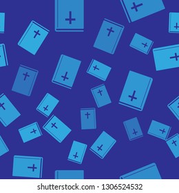 Blue Holy bible book icon isolated seamless pattern on blue background. Vector Illustration