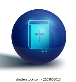 Blue Holy bible book icon isolated on white background. Blue circle button. Vector