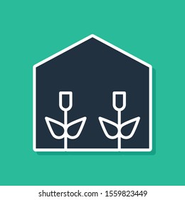 Blue Home greenhouse and plants icon isolated on green background.  Vector Illustration