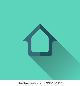 Blue home icon. Flat design. Turquoise background