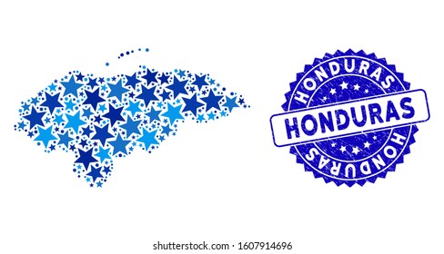 Blue Honduras map composition of stars, and textured round stamp. Abstract territory scheme in blue color tints. Vector Honduras map is designed of blue stars.