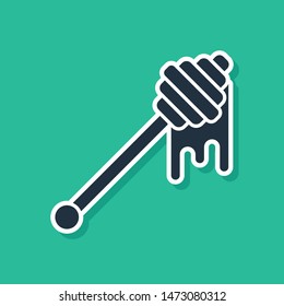Blue Honey dipper stick with dripping honey icon isolated on green background. Honey ladle.  Vector Illustration