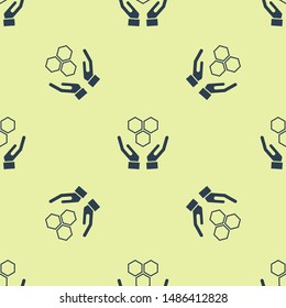 Blue Honeycomb and hands icon isolated seamless pattern on yellow background. Honey cells symbol. Sweet natural food.  Vector Illustration