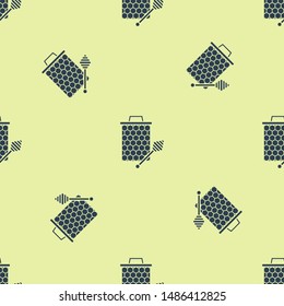 Blue Honeycomb with honey dipper stickicon isolated seamless pattern on yellow background. Honey ladle. Honey cells symbol. Sweet natural food.  Vector Illustration