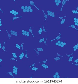 Blue Honeycomb with honey dipper stickicon isolated seamless pattern on blue background. Honey ladle. Honey cells symbol. Sweet natural food.  Vector Illustration