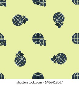 Blue Honeycomb map of the world and bee icon isolated seamless pattern on yellow background. World bee day. Concept ecological event.  Vector Illustration