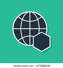 Blue Honeycomb map of the world icon isolated on green background. World bee day. Concept ecological event.  Vector Illustration