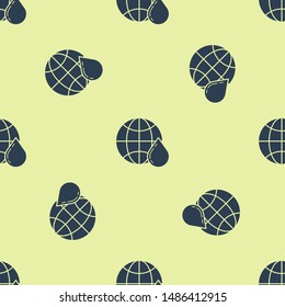 Blue Honeycomb map of the world icon isolated seamless pattern on yellow background. World bee day. Concept ecological event.  Vector Illustration