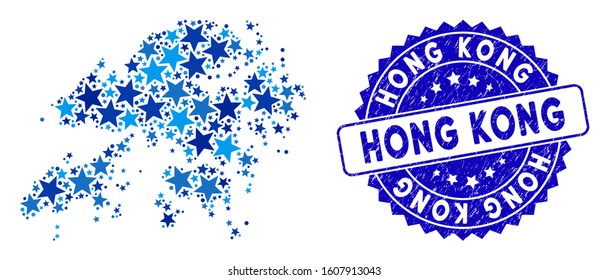 Blue Hong Kong map collage of stars, and distress rounded seal. Abstract territorial scheme in blue color hues. Vector Hong Kong map is organized of blue stars.