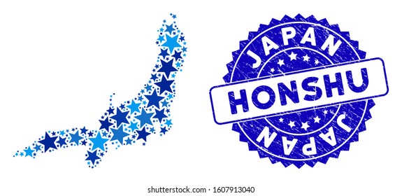 Blue Honshu Island map composition of stars, and textured round stamp. Abstract territorial scheme in blue color hues. Vector Honshu Island map is designed with blue stars.
