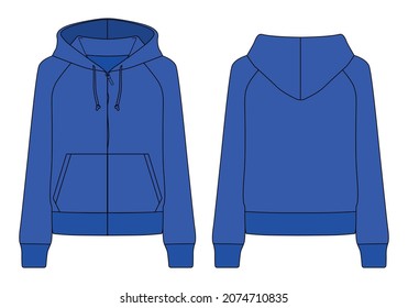 Blue Hooded Jacket mit zwei Pocket Template Vektorgrafiken auf weißem Hintergrund.Front und Back View.