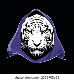 Blue hooded tiger face t-shirt design isolated on black. Vector illustration of a medieval sorcerer feline.