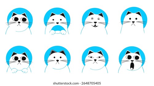 Blue hoodie cats with funny cartoon expressions and facial emotions in kawaii vector pack, Vector Illustration

