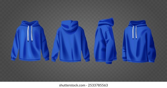 Blue Hoodie Mockup zeigt Vorderseite zurück und Seitenansicht der Freizeitsportbekleidung ideal für Design-Präsentation und Marketing