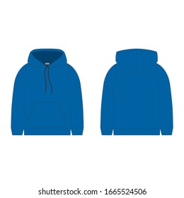 Blue hoodie on white background. Technical sketch hoody for men. Technical design. Technical drawing kids clothes. Sportswear, uniform clothes. Vector fashion illustration.