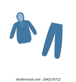 Blue hoodie and pants. Clothing and accessories. Doodle style. Isolated vector illustration 