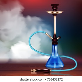 Blue hookah and smoke with relaxation symbols blurred realistic vector illustration
