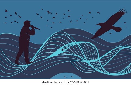 Blue horizon Minimalistic background with waves and birds, futuristic design