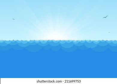 Blue horizon ocean view with rising sun, simple waves and seagulls.