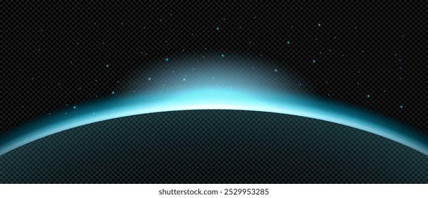 Horizonte azul del planeta con suave efecto de luz de neón. La luz del sol se eleva sobre el borde del planeta. Eclipse solar o lunar, silueta de la tierra en el espacio exterior. Ilustración vectorial