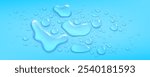 Blue horizontal background with clear water droplets pattern. Realistic 3d vector illustration of smooth waterproof glass or window surface with condensation drop beads. Scattered moisture splatters.