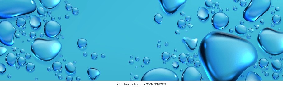 Fundo horizontal azul com padrão claro de gotas de água. Ilustração vetorial 3d realista de vidro impermeável liso ou superfície da janela com contas de queda de condensação. Espalhados de umidade.