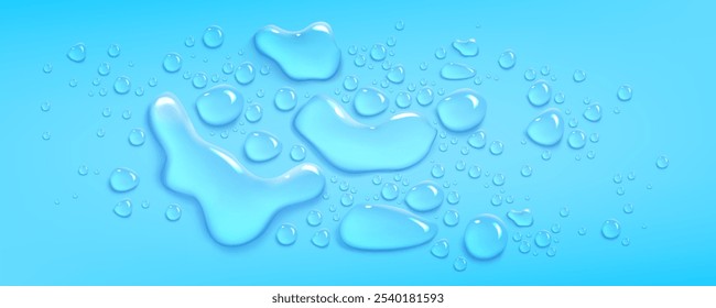 Blue horizontal background with clear water droplets pattern. Realistic 3d vector illustration of smooth waterproof glass or window surface with condensation drop beads. Scattered moisture splatters.