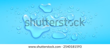 Blue horizontal background with clear water droplets pattern. Realistic 3d vector illustration of smooth waterproof glass or window surface with condensation drop beads. Scattered moisture splatters.