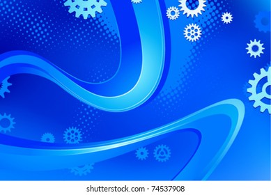 blue horizontal background with gears, halftone elements and abstract waves
