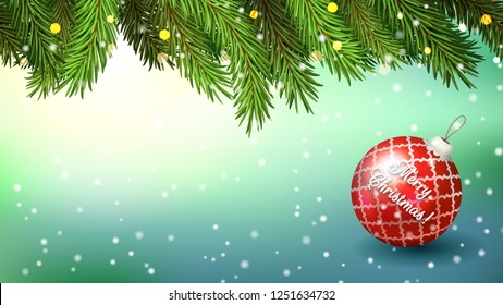 Blue horizontal background for widescreen. Christmas fir branches with lights and a lying big red ball with the inscription Merry Christmas
