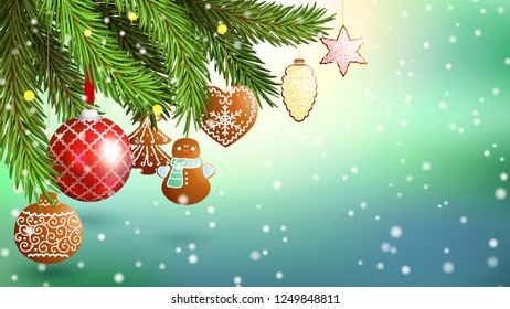 Blue horizontal background for widescreen. Gingerbread cookies and a ball on the Christmas tree branches and snowfall