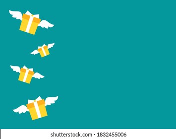 blue horizontal background with yellow flying present boxex with wings. present sign. flat vector Illustration. Good for web and mobile design. holiday shopping