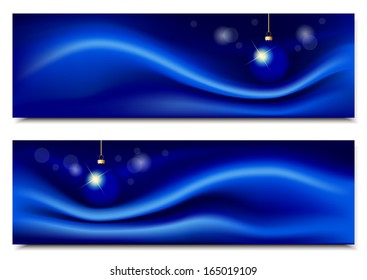 Blue horizontal backgrounds with silk and Christmas ball. Vector illustration. 