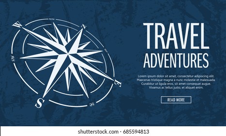 Blue Horizontal Banner With Compass Rose On Grunge Background. Vector Illustration.