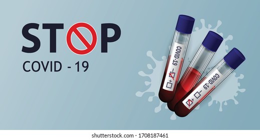 Banner horizontal azul sobre el tema de la pandemia del coronavirus, con tubos de prueba de análisis de sangre positivos y negativos, con la inscripción Stop COVID-19.Ilustración vectorial, concepto 