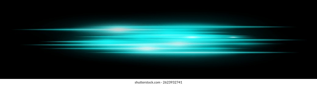 Blue horizontal blur streaks with intense glow on black. Suitable for acceleration effect, fast movement visuals, spotlight transition, energy burst, futuristic theme and speed design.