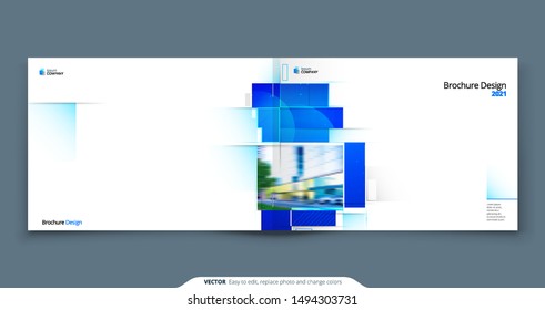 Blue Horizontal Brochure Cover Template Layout Design. Corporate Business Horizontal Brochure, Annual Report, Catalog, Magazine, Flyer Mockup. Creative Modern Brochure Concept with Square Shapes