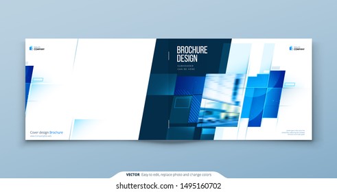 Blue Horizontal Brochure Cover Template Layout Design. Corporate Business Horizontal Brochure, Annual Report, Catalog, Magazine, Flyer Mockup. Creative Modern Brochure Concept with Square Shapes