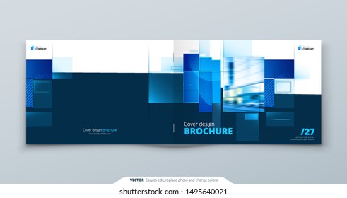 Blue Horizontal Brochure Cover Template Layout Design. Corporate Business Horizontal Brochure, Annual Report, Catalog, Magazine, Flyer Mockup. Creative Modern Brochure Concept With Square Shapes